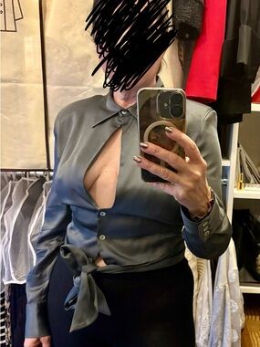 Satin Tie-Waist Button Front Blouse - Gray